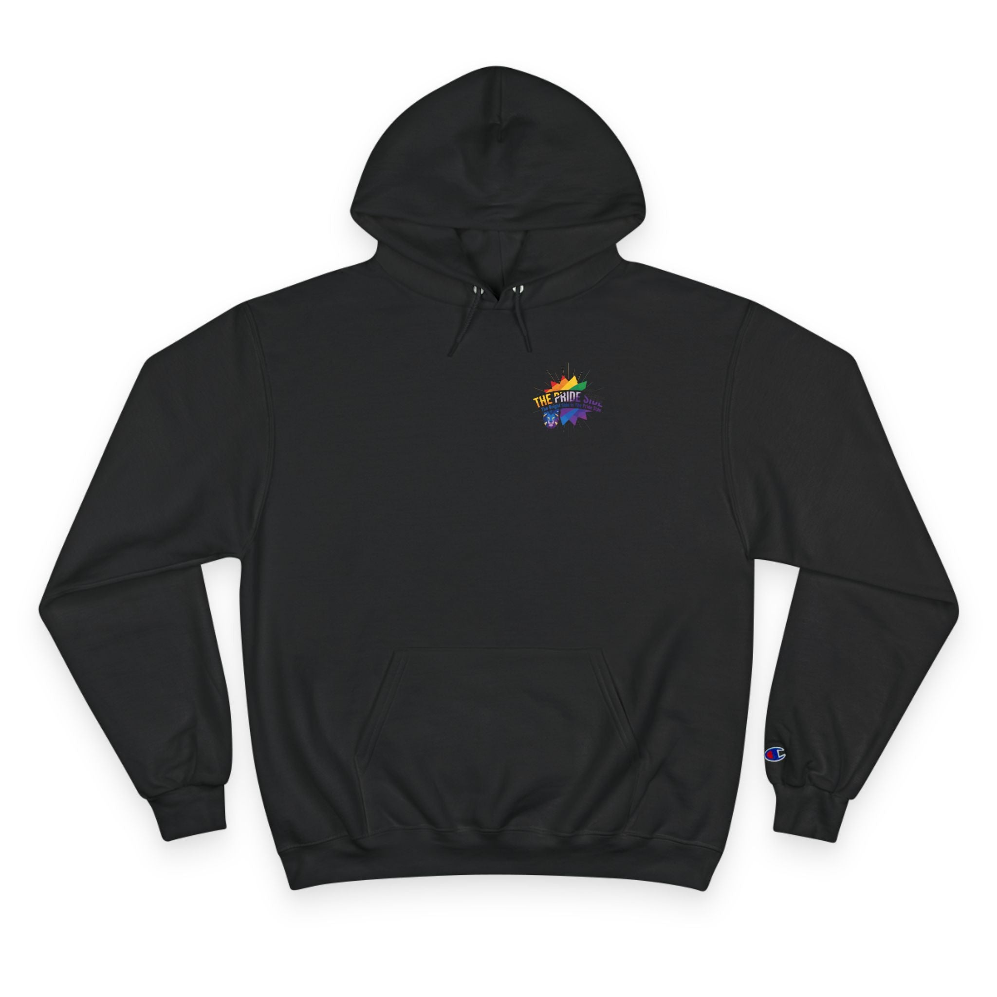 black hoodie with rainbow logo on a white background