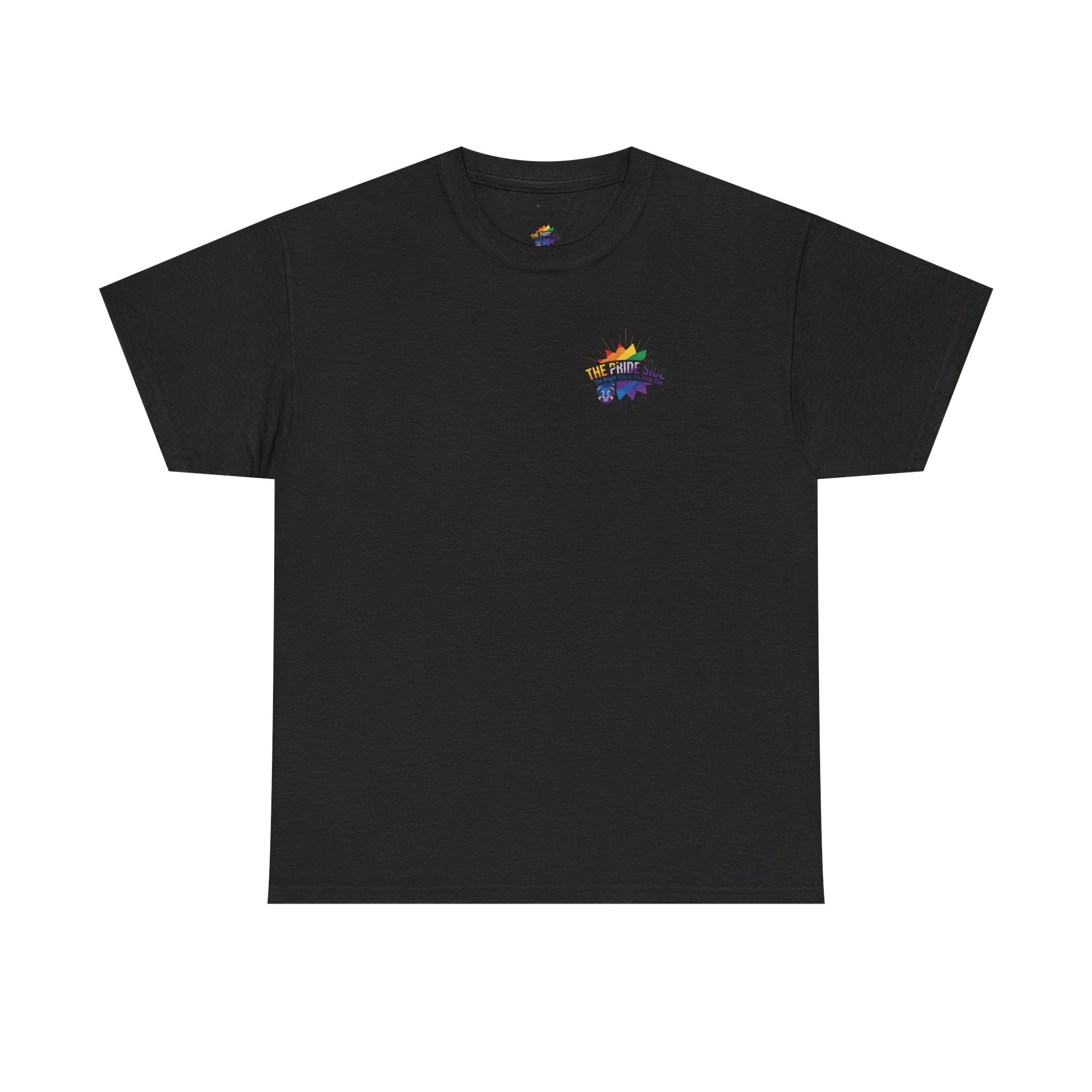 black t-shirt with a rainbow logo on a white background