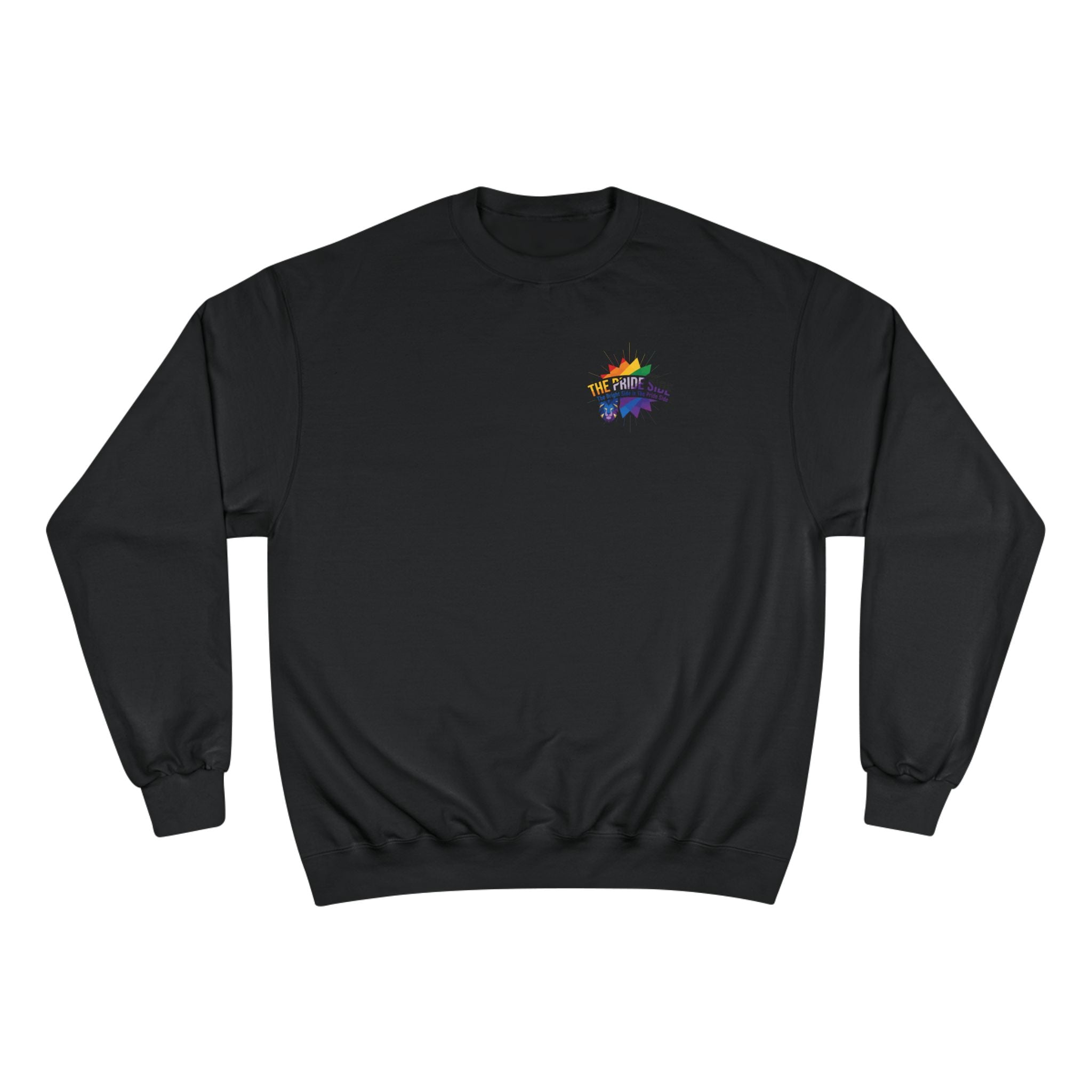 Black sweatshirt with a rainbow logo on a white background
