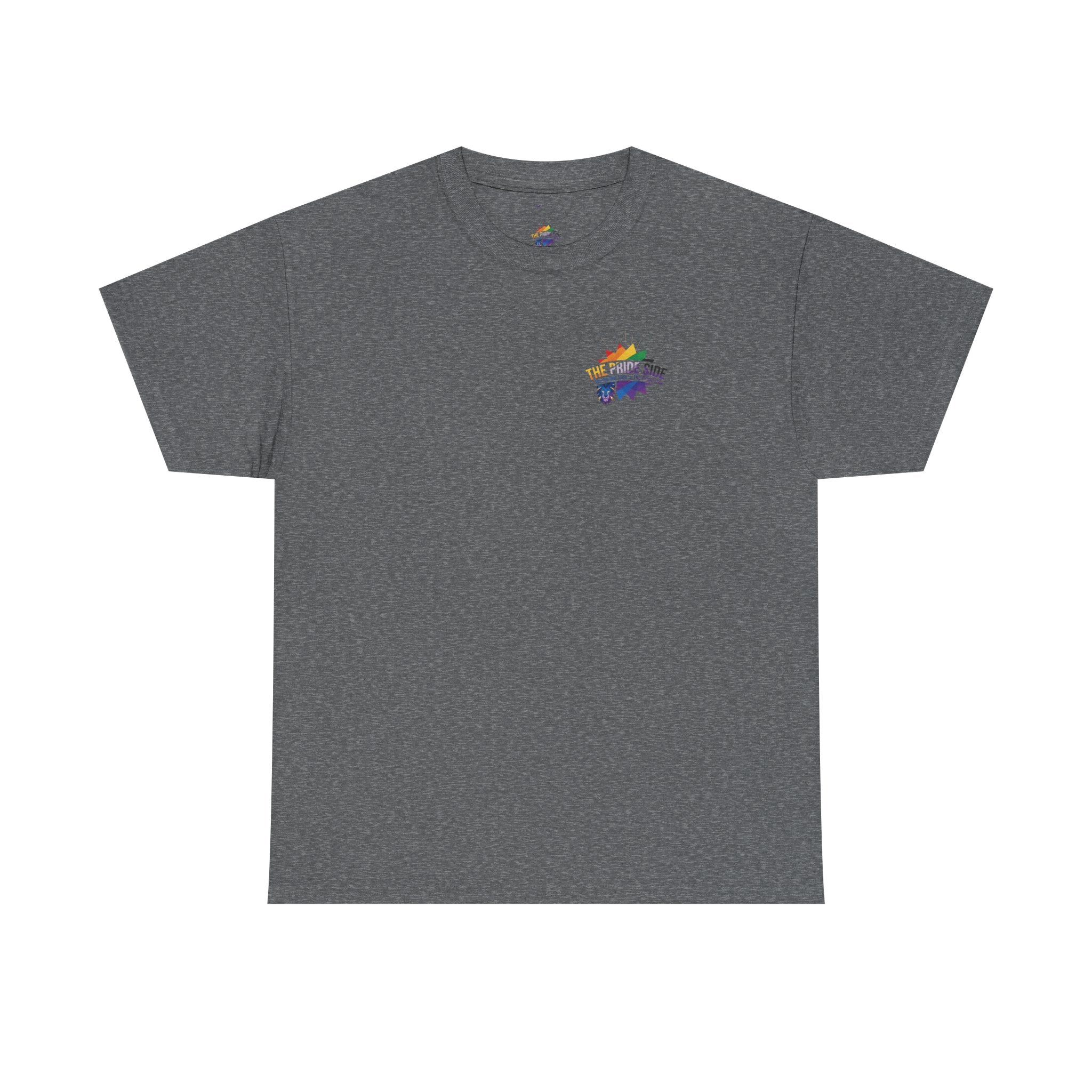 Gray t-shirt with a rainbow logo on a white background