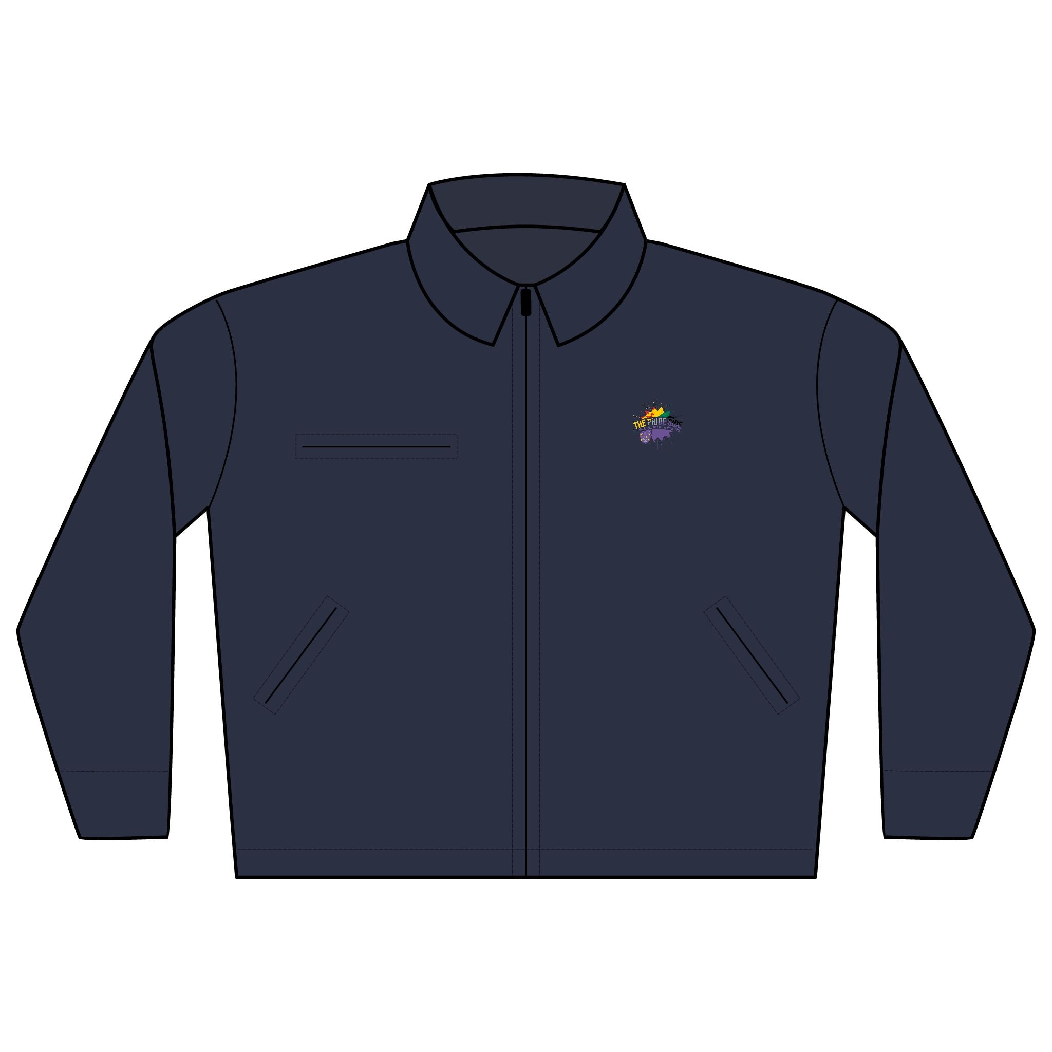 Navy blue jacket with a small logo on the chest against a white background