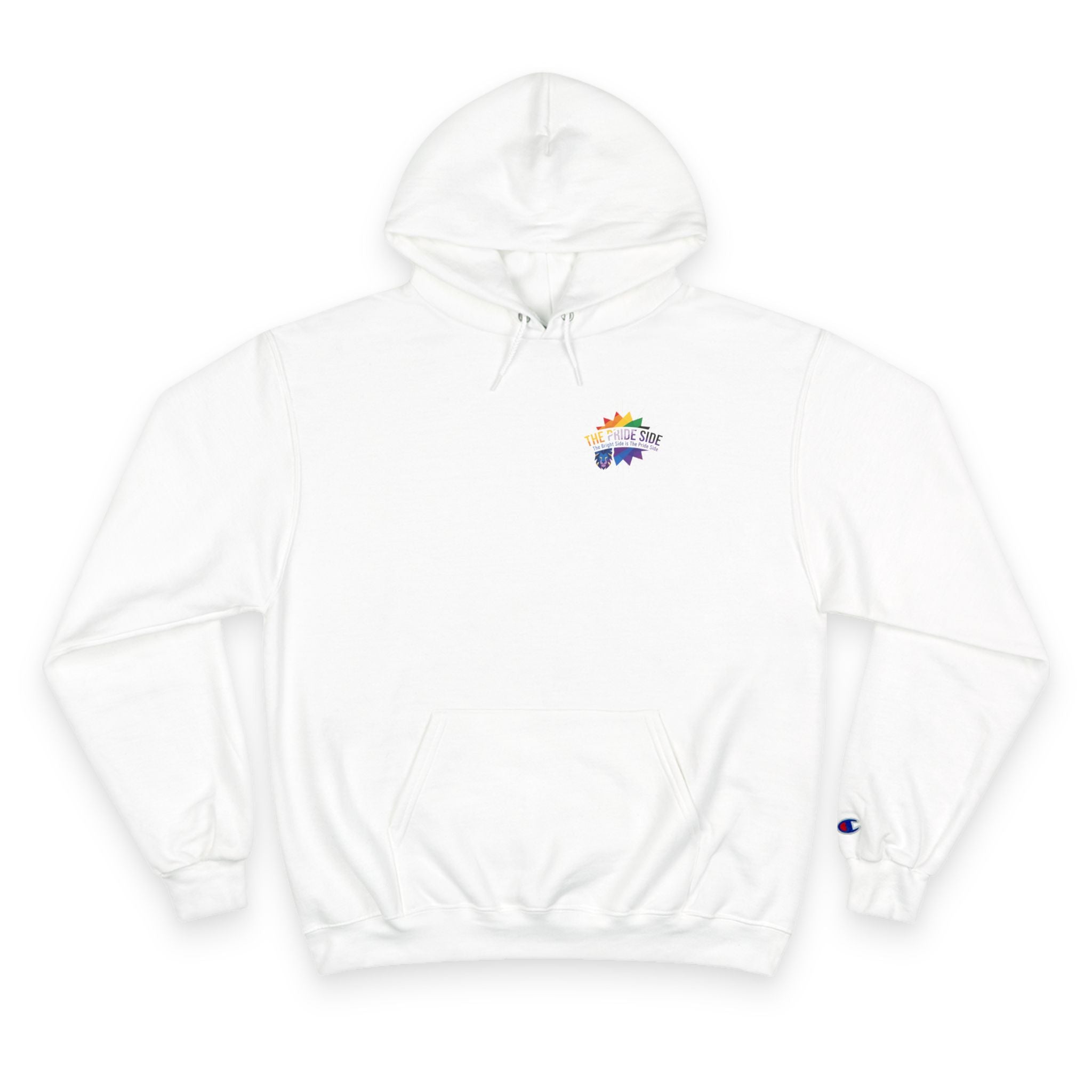 White hoodie with rainbow logo on a white background