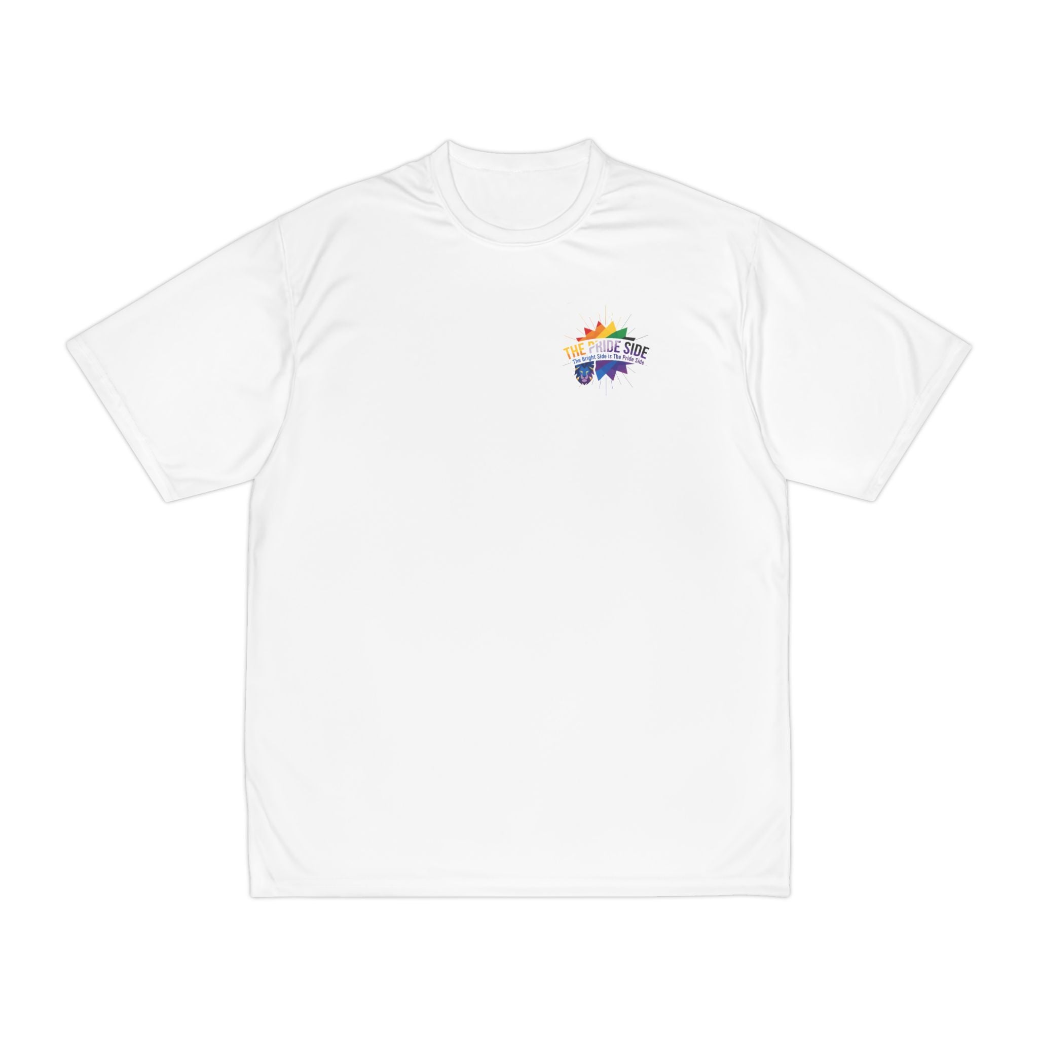 white t-shirt with a rainbow logo on a white background