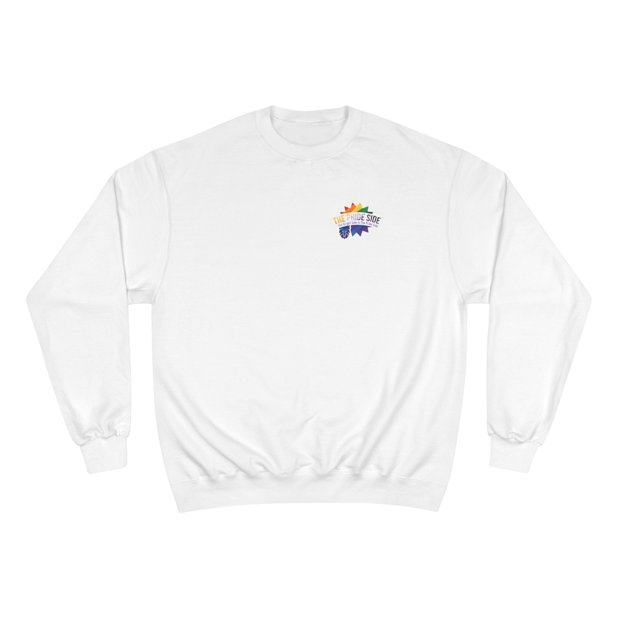 White sweatshirt with a rainbow logo on a white background