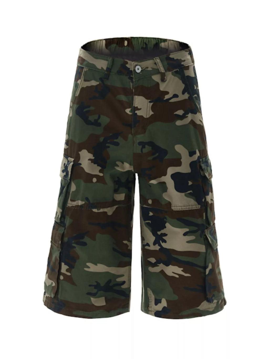Camouflage Cargo Shorts, Gender Affirming Streetwear, Masculine Fit Relaxed Bottoms, Unisex Pocketed Fashion, Inclusive Urban Style