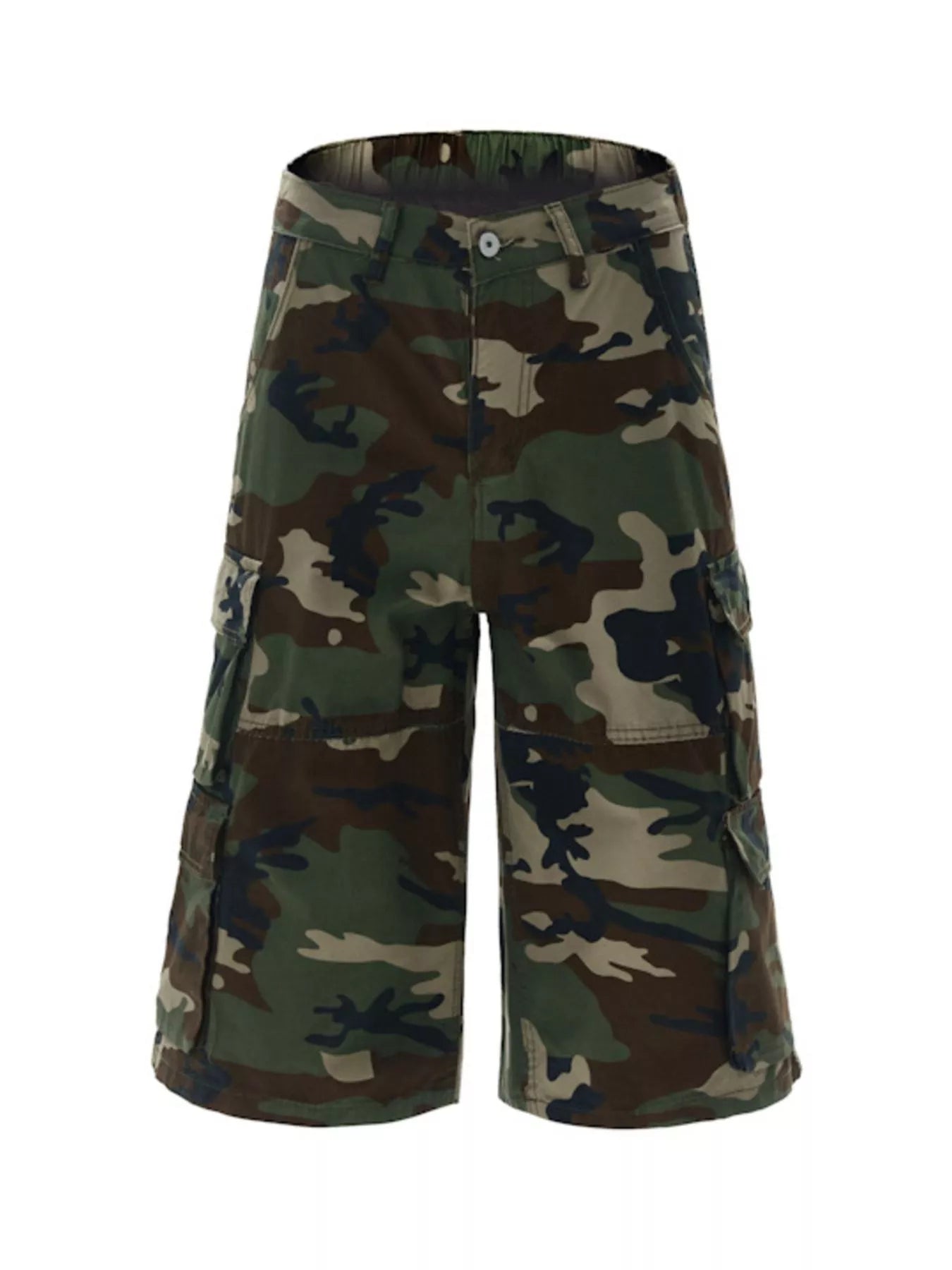 Camouflage Cargo Shorts, Gender Affirming Streetwear, Masculine Fit Relaxed Bottoms, Unisex Pocketed Fashion, Inclusive Urban Style
