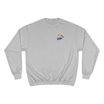 Gray sweatshirt with a rainbow logo on a white background
