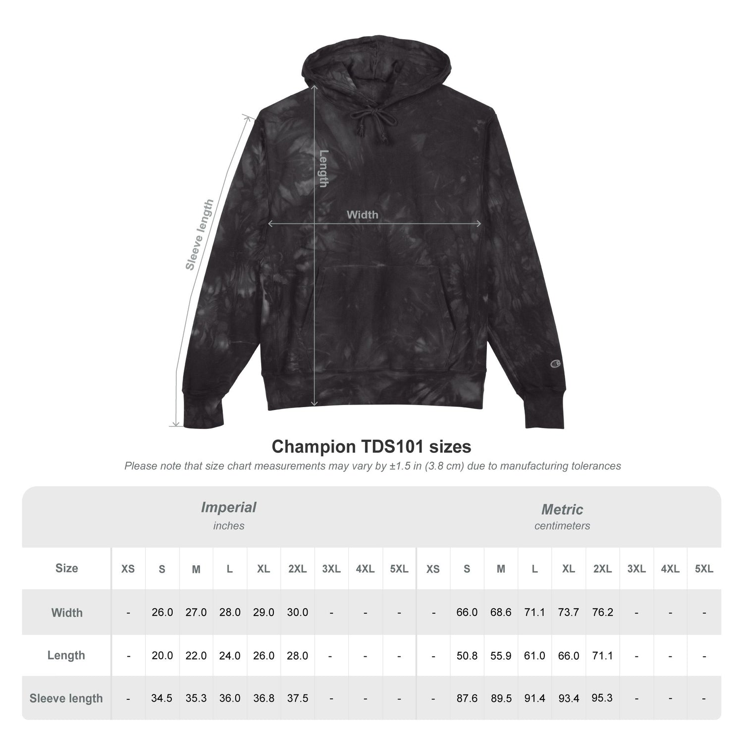 Black tie-dye hoodie with size chart on a white background