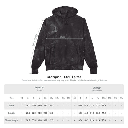 Black tie-dye hoodie with size chart on a white background