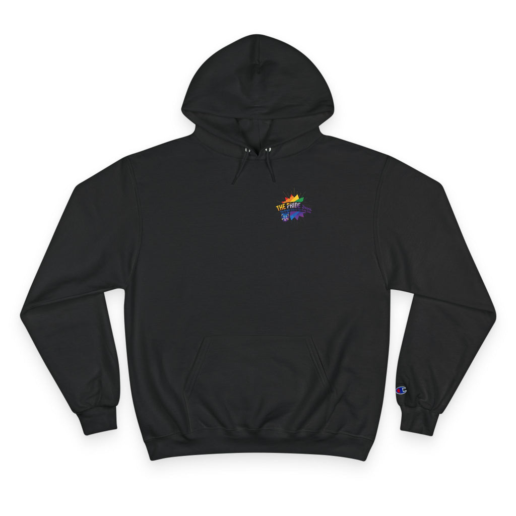 black hoodie with rainbow logo on a white background