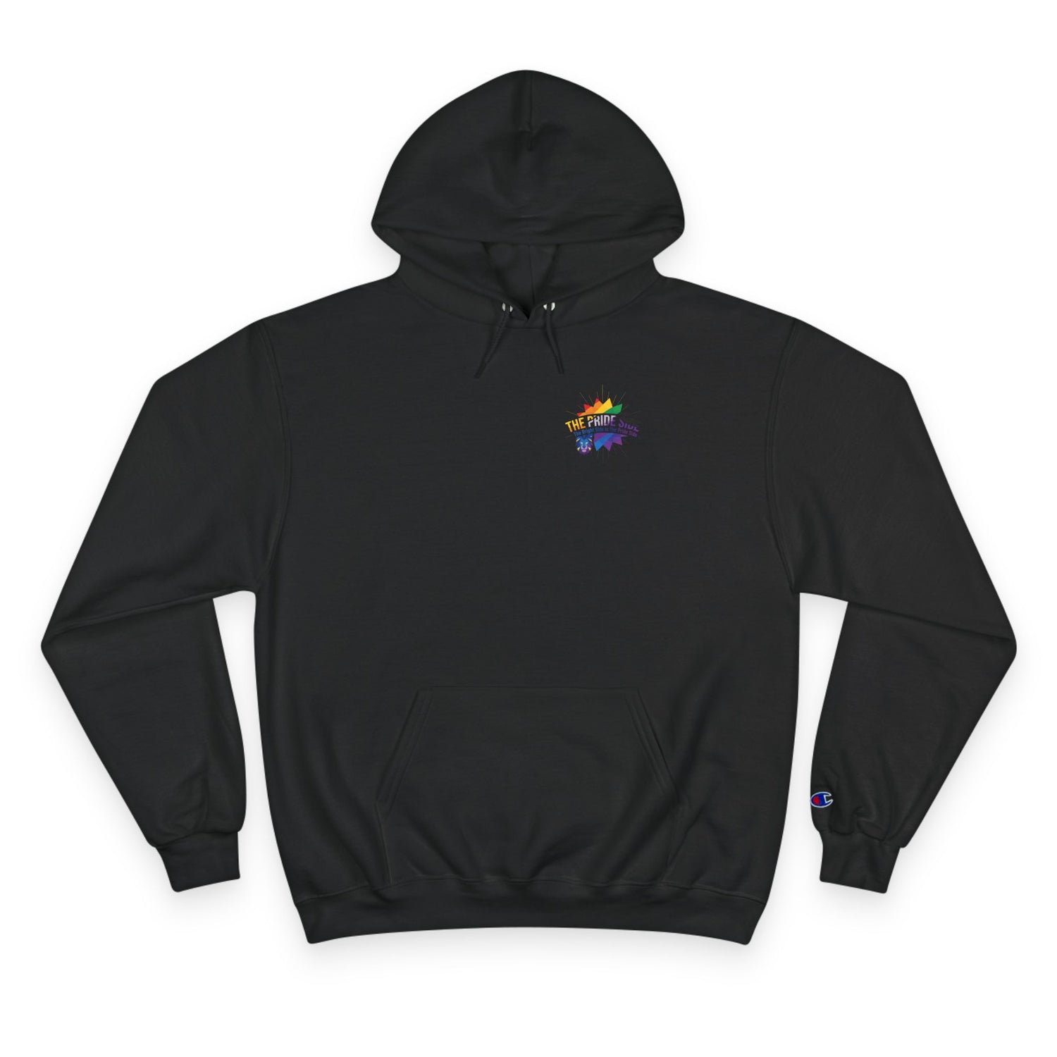 black hoodie with rainbow logo on a white background