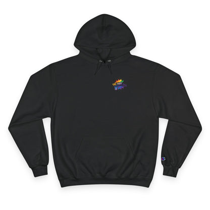 black hoodie with rainbow logo on a white background