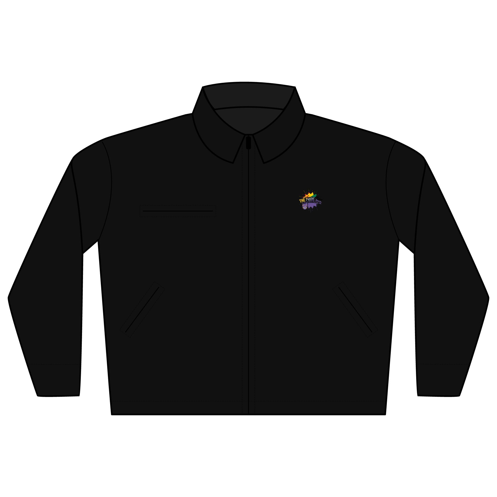 Black jacket with a small logo on the chest against a white background