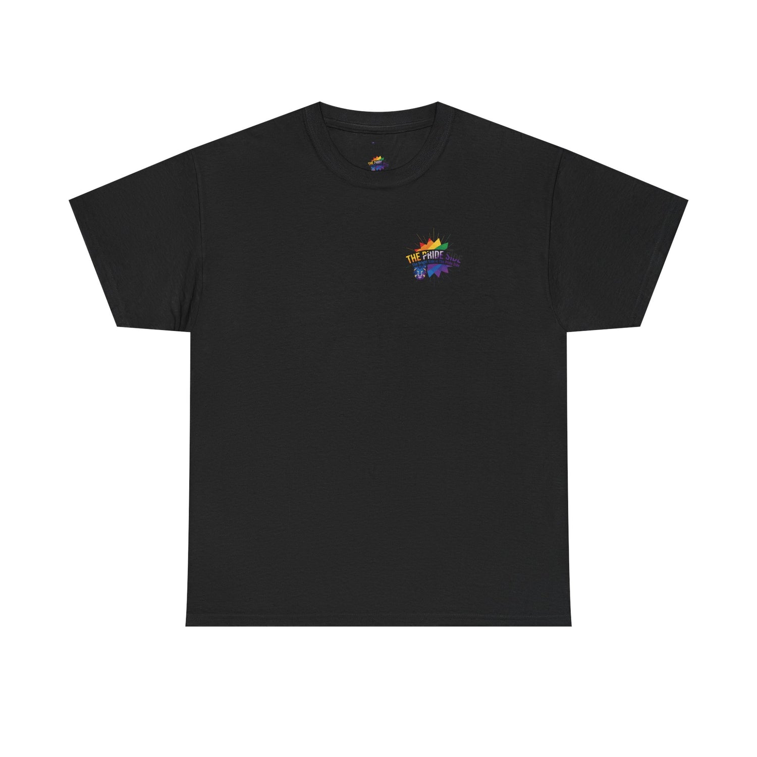 black t-shirt with a rainbow logo on a white background
