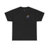 black t-shirt with a rainbow logo on a white background
