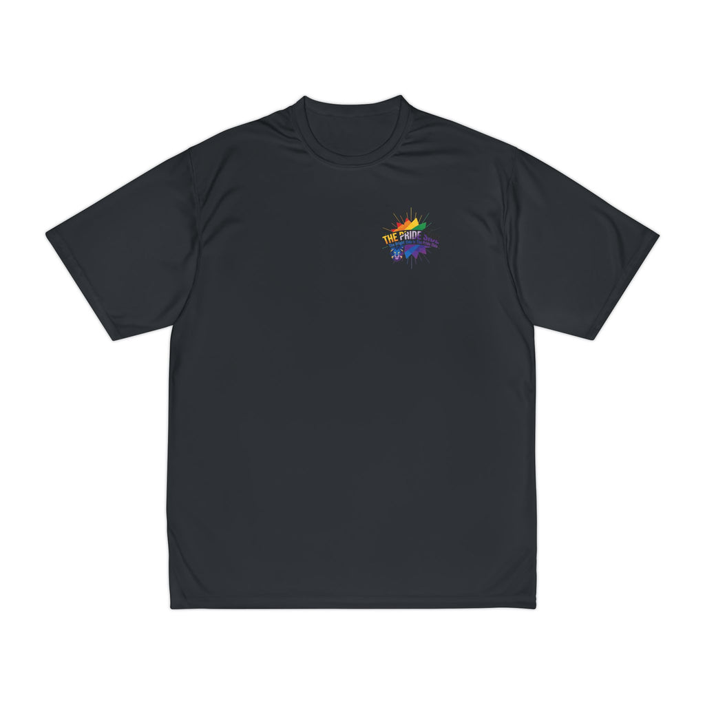 black t-shirt with a rainbow logo on a white background