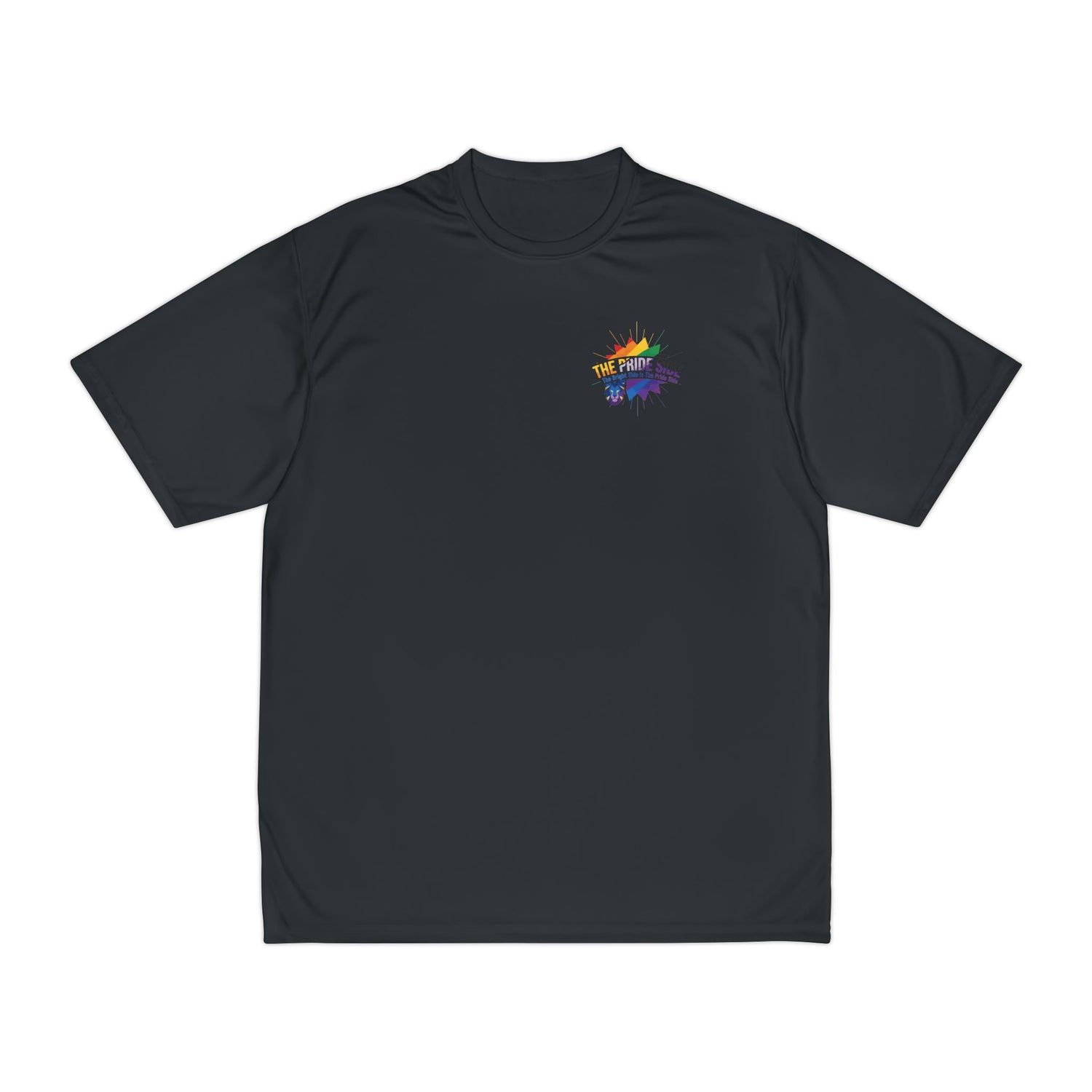 black t-shirt with a rainbow logo on a white background