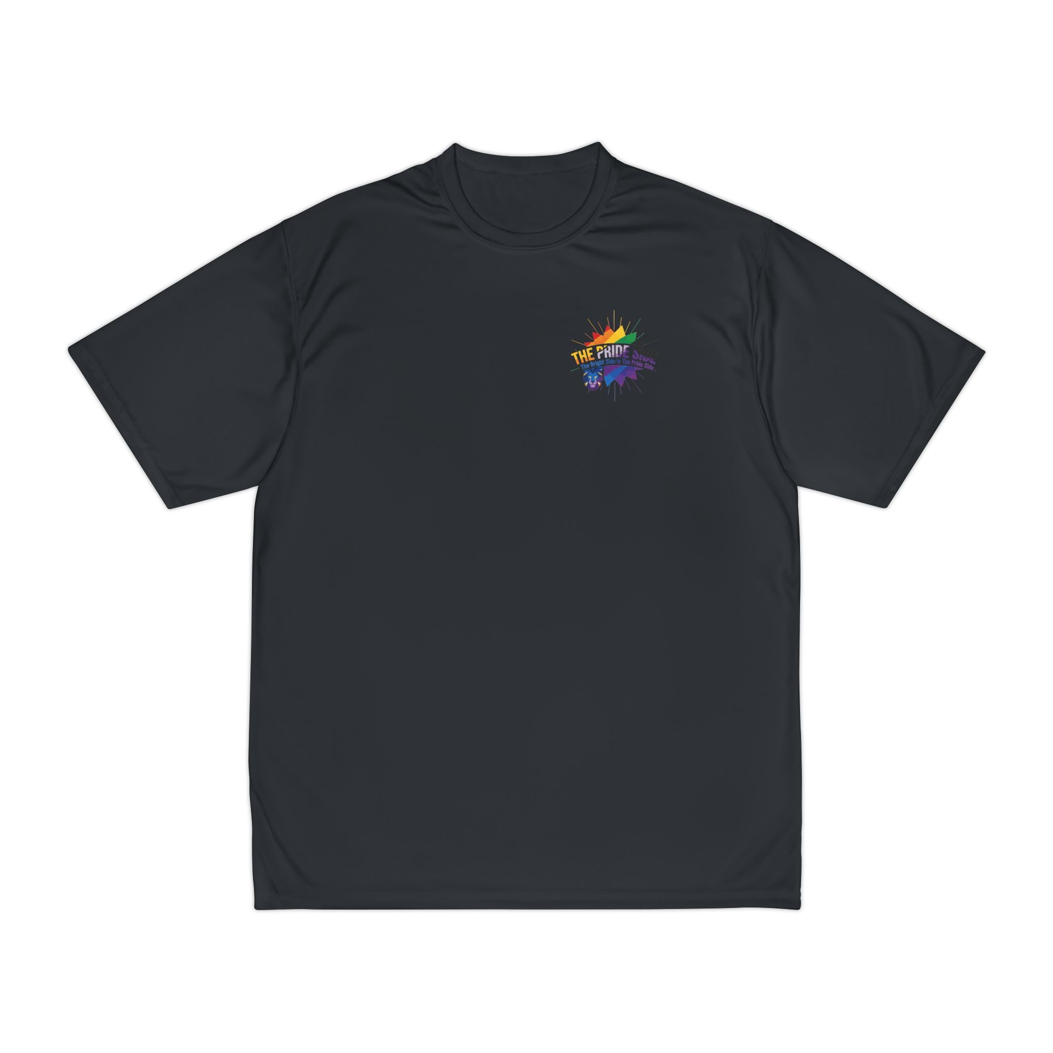 black t-shirt with a rainbow logo on a white background