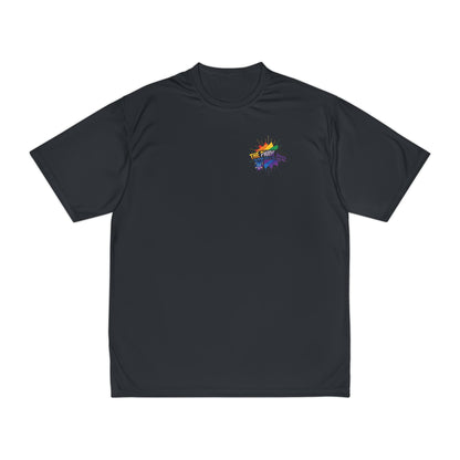 black t-shirt with a rainbow logo on a white background