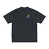 black t-shirt with a rainbow logo on a white background