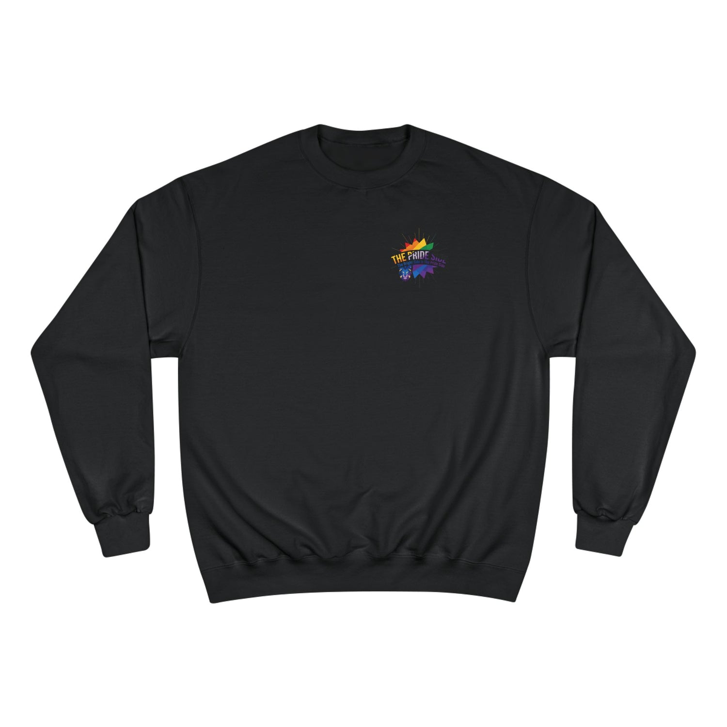 Black sweatshirt with a rainbow logo on a white background