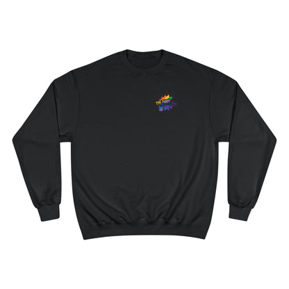 Black sweatshirt with a rainbow logo on a white background
