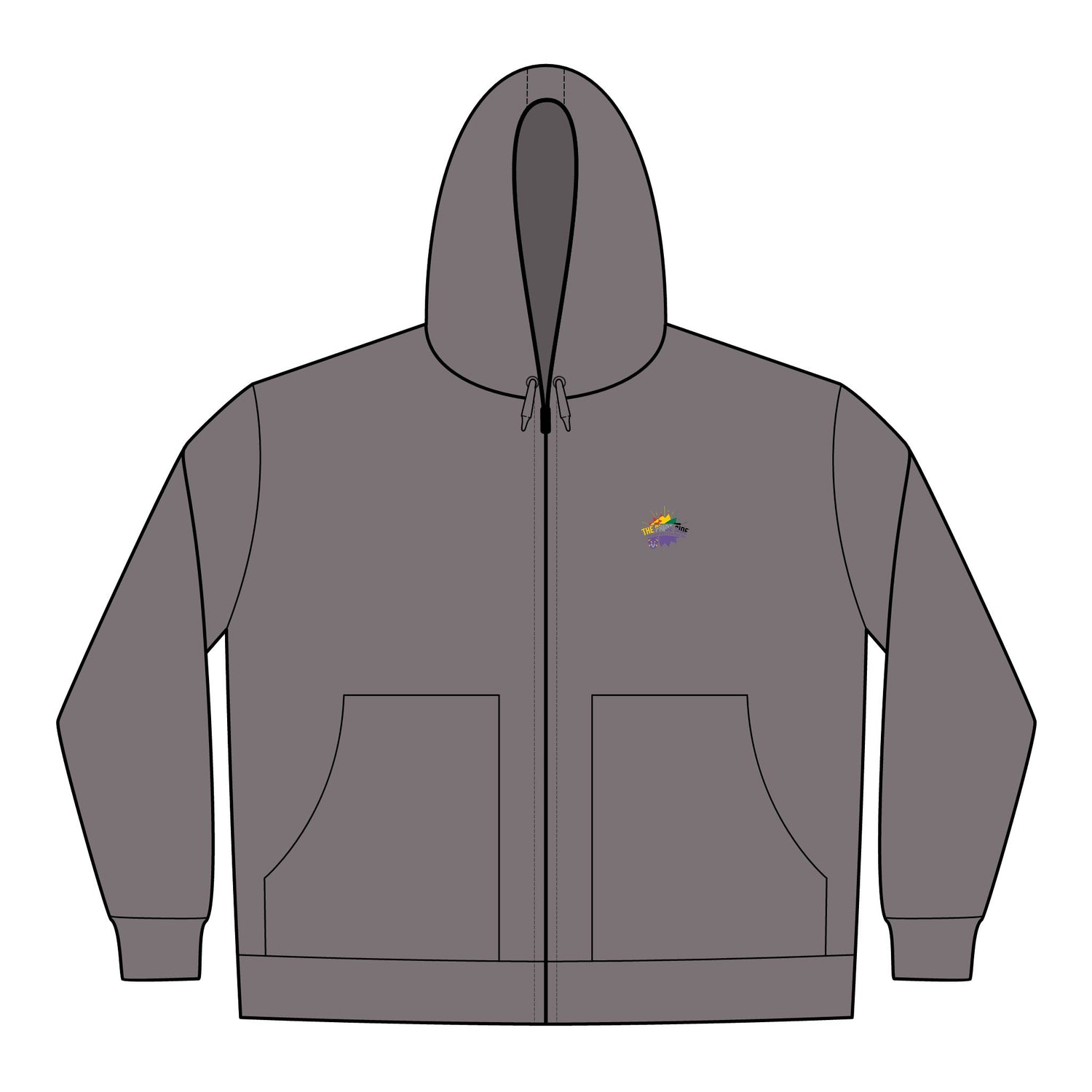 Gray hoodie with a lgbt logo on the chest against a white background