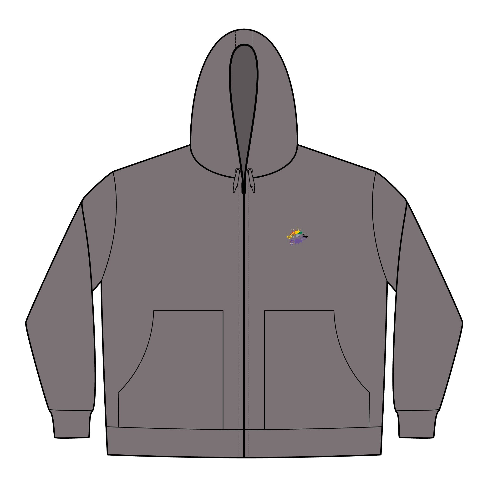 Gray hoodie with a lgbt logo on the chest against a white background