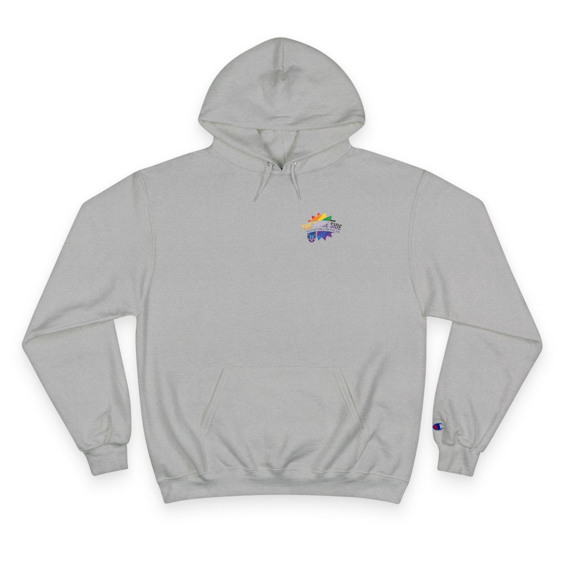 gray hoodie with rainbow logo on a white background
