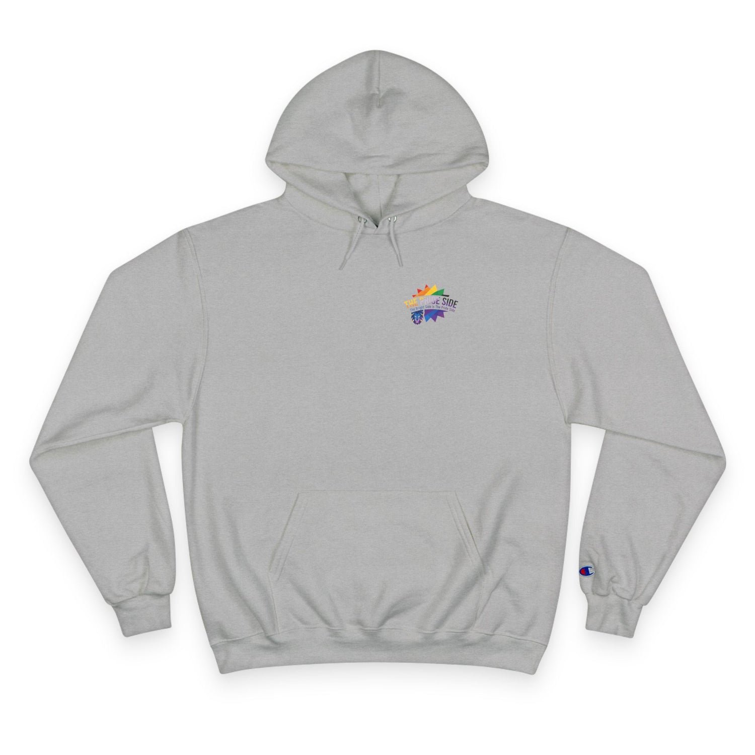 gray hoodie with rainbow logo on a white background