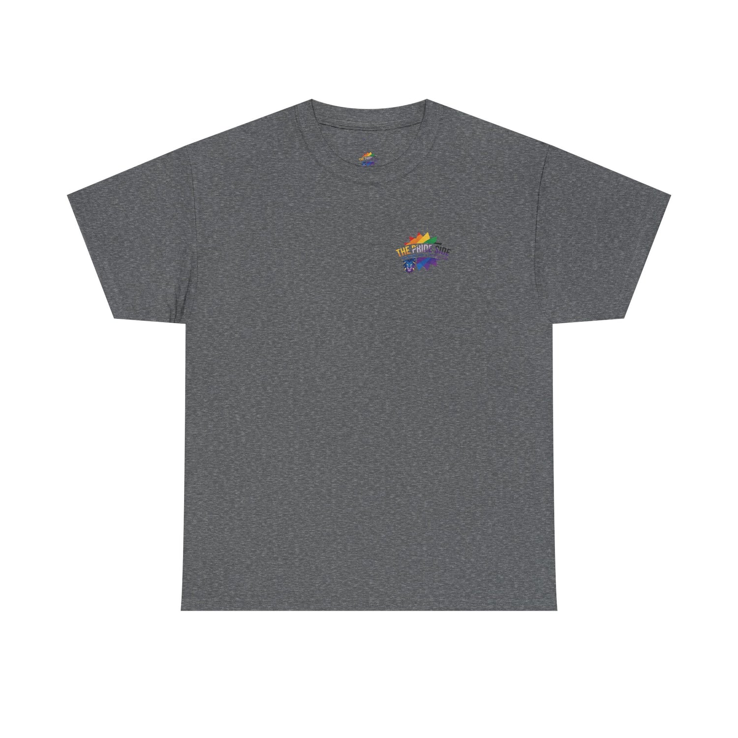 Gray t-shirt with a rainbow logo on a white background