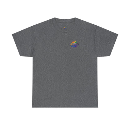 Gray t-shirt with a rainbow logo on a white background