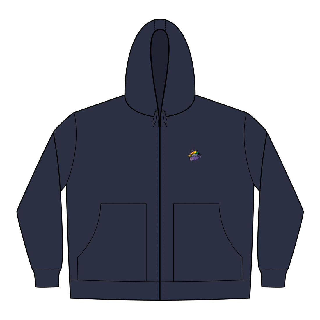 Navy blue hoodie with a lgbt logo on the chest against a white background