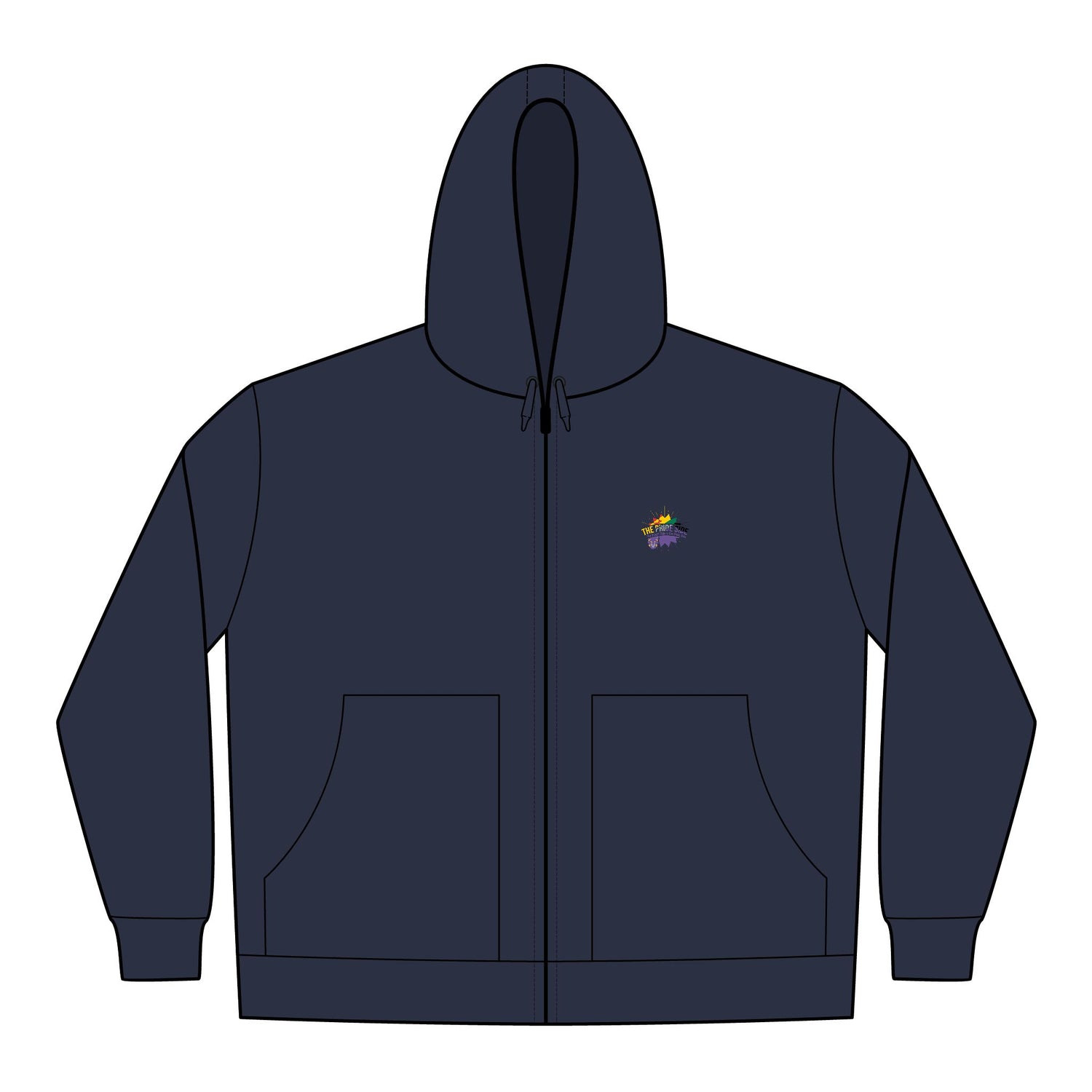 Navy blue hoodie with a lgbt logo on the chest against a white background