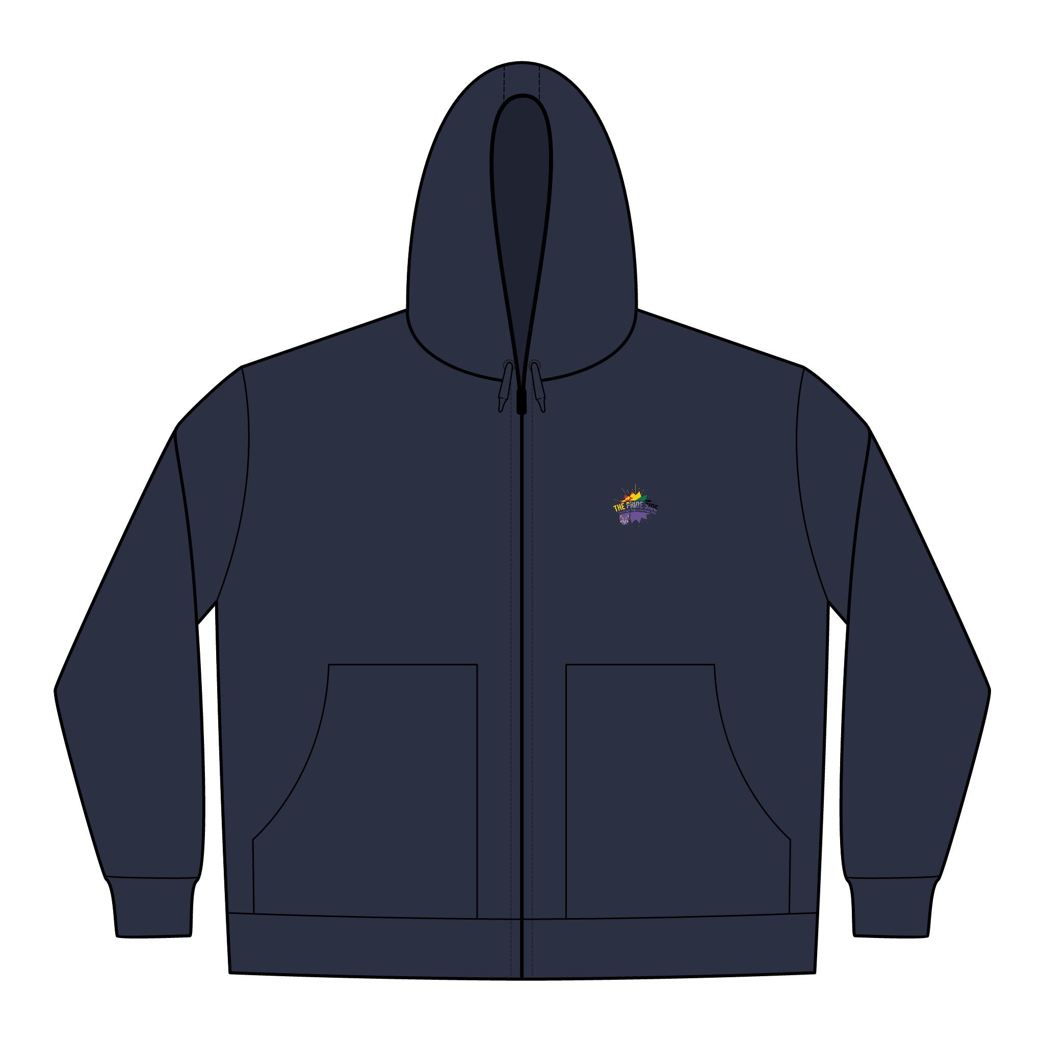 Navy blue hoodie with a lgbt logo on the chest against a white background