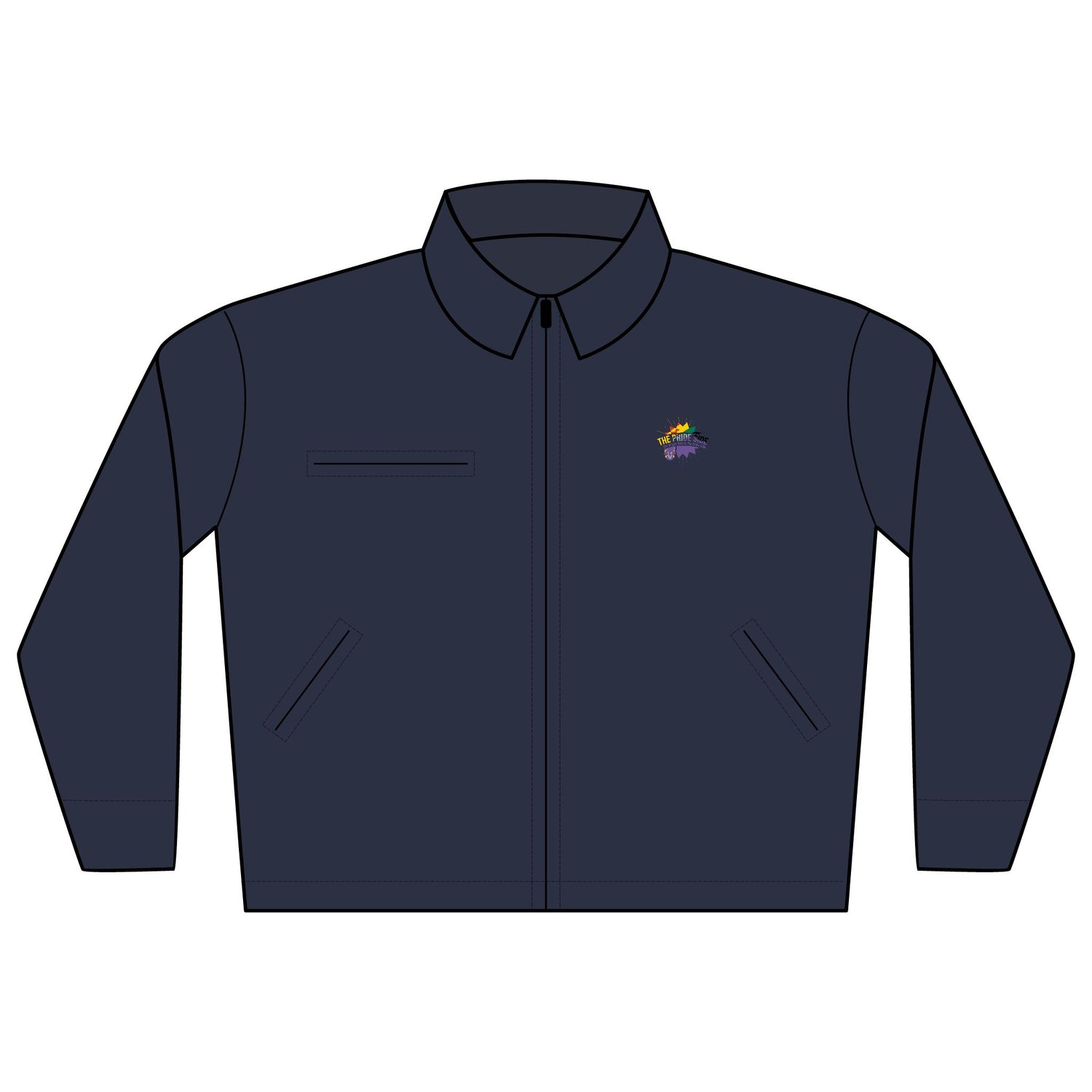 Navy blue jacket with a small logo on the chest against a white background