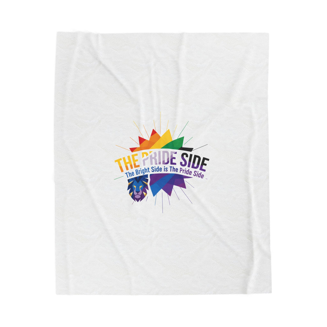 White blanket with rainbow-colored logo on a white background