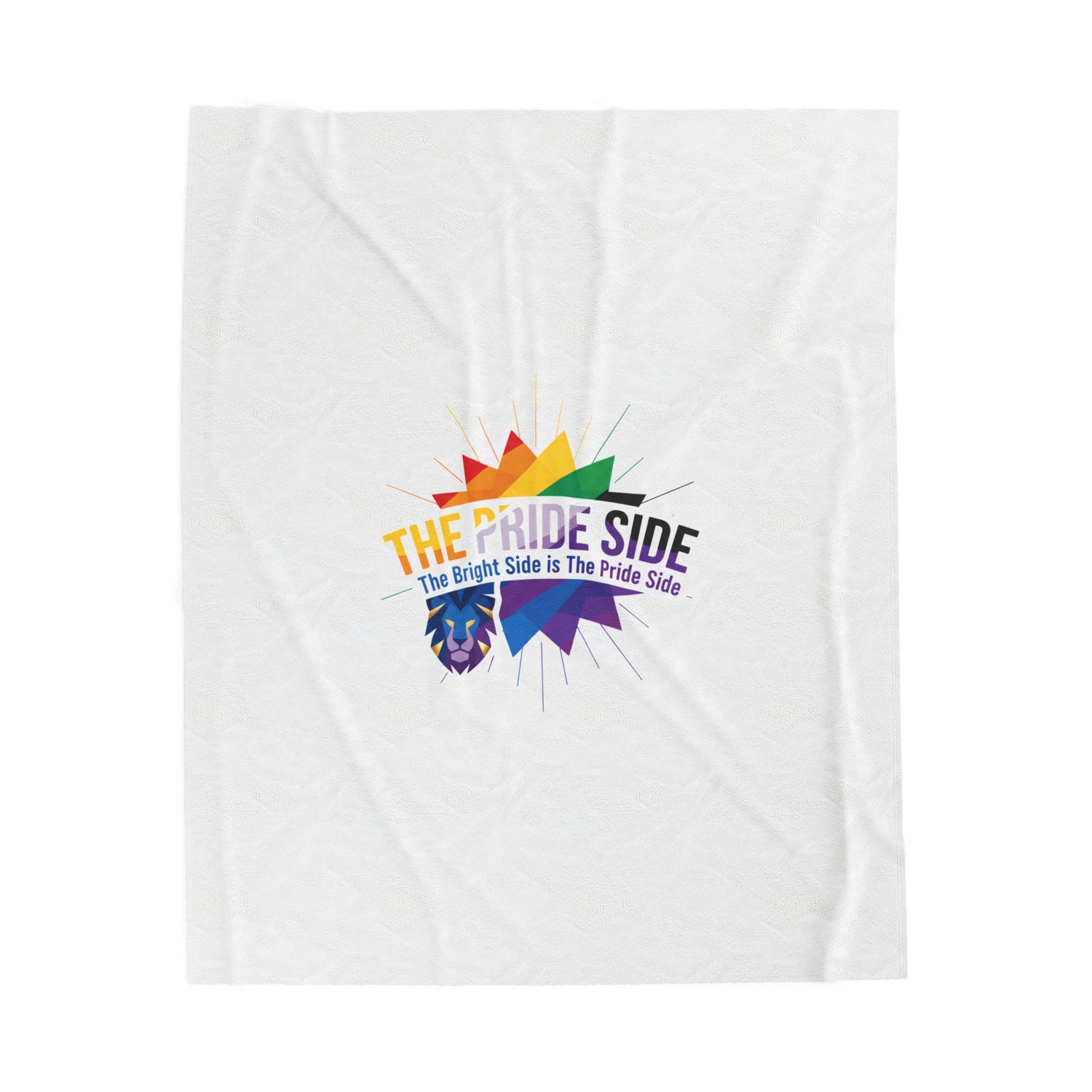 White blanket with rainbow-colored logo on a white background