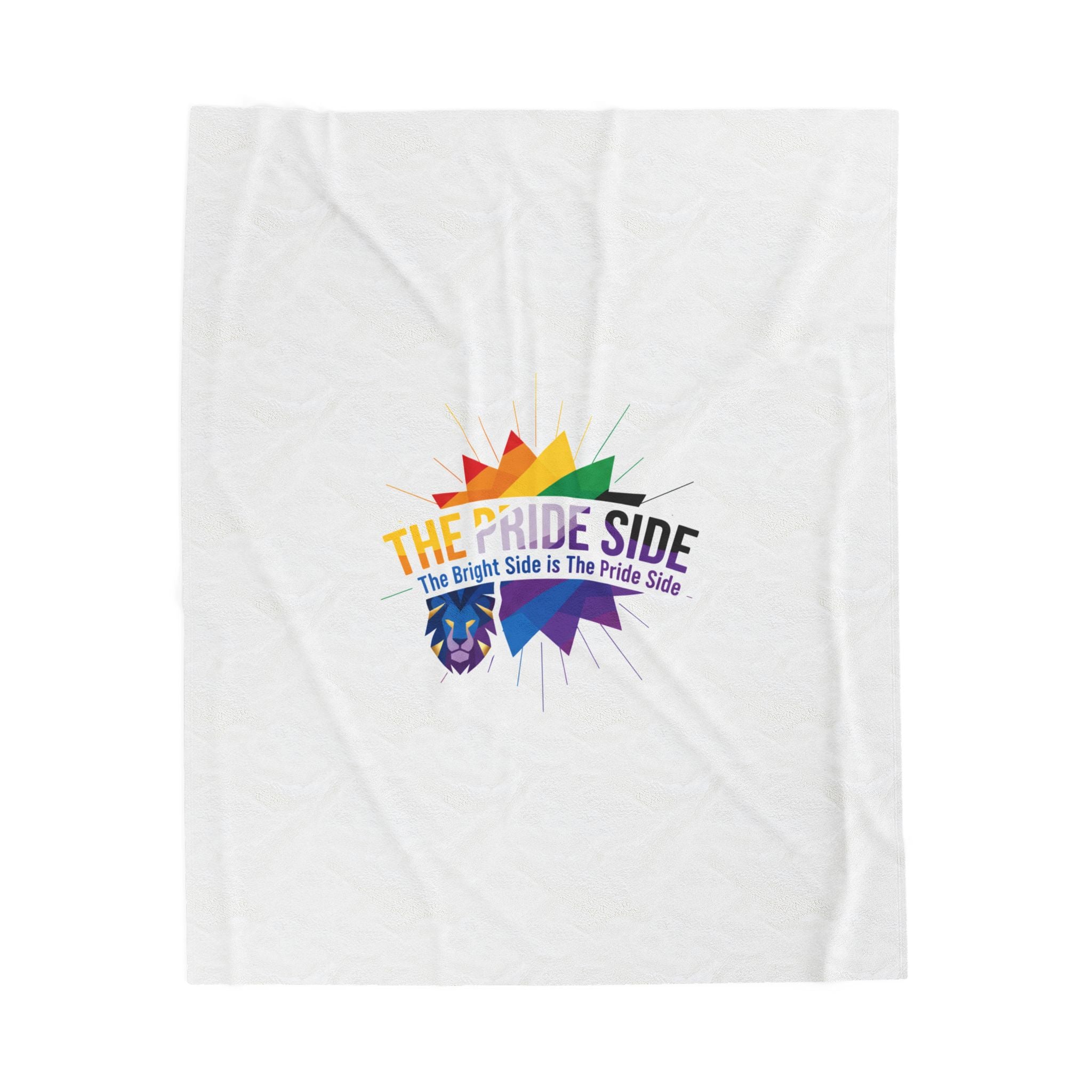 White blanket with rainbow-colored logo on a white background