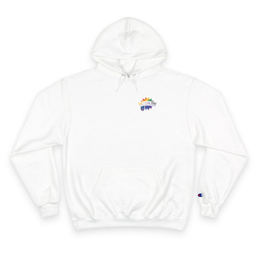 White hoodie with rainbow logo on a white background