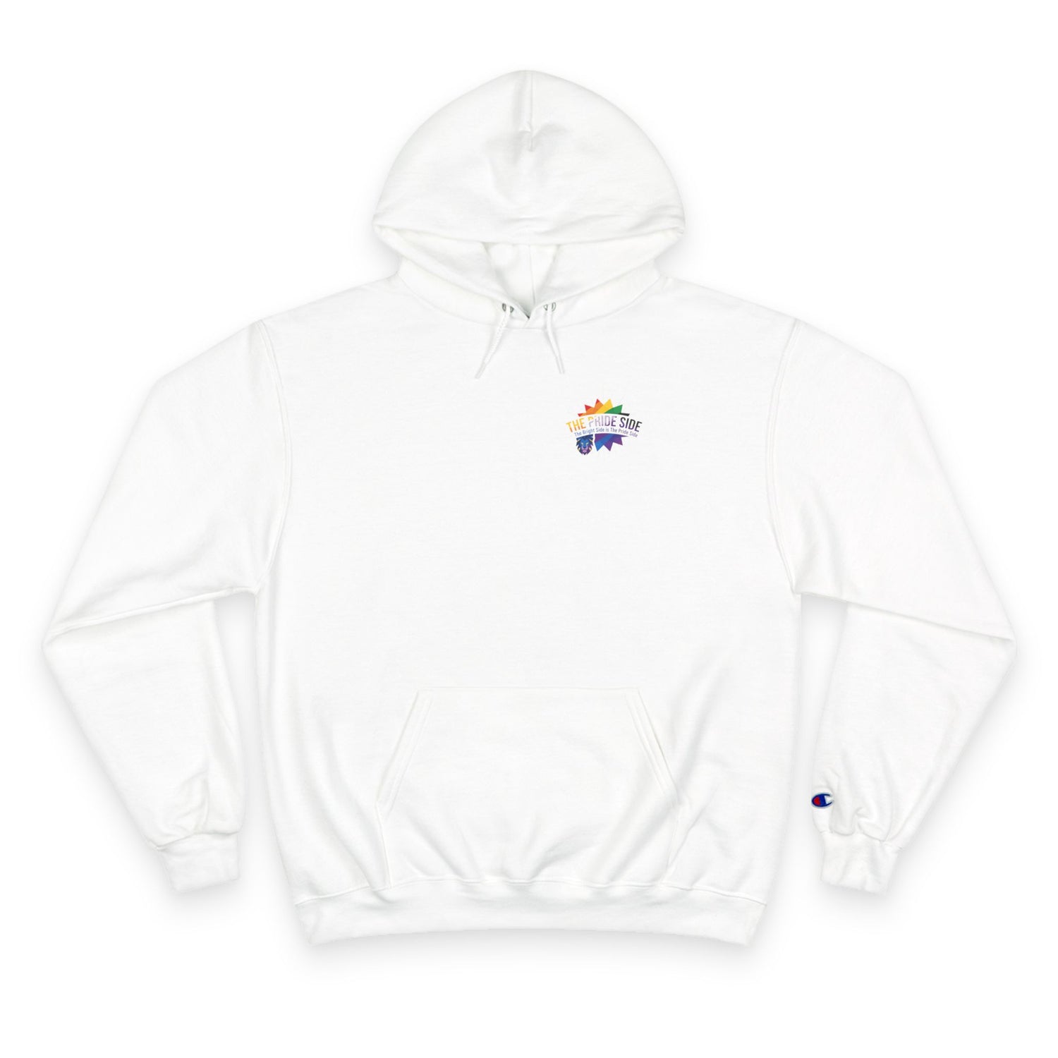 White hoodie with rainbow logo on a white background