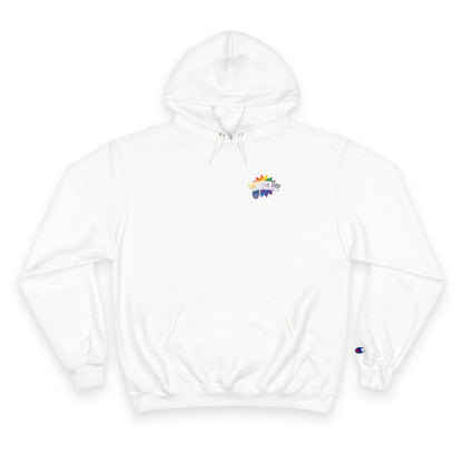 White hoodie with rainbow logo on a white background