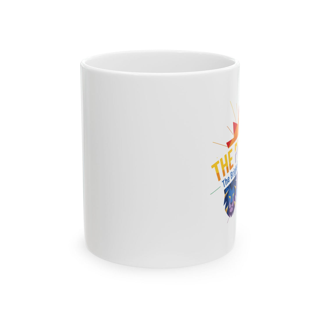 White mug with colorful design on a white background