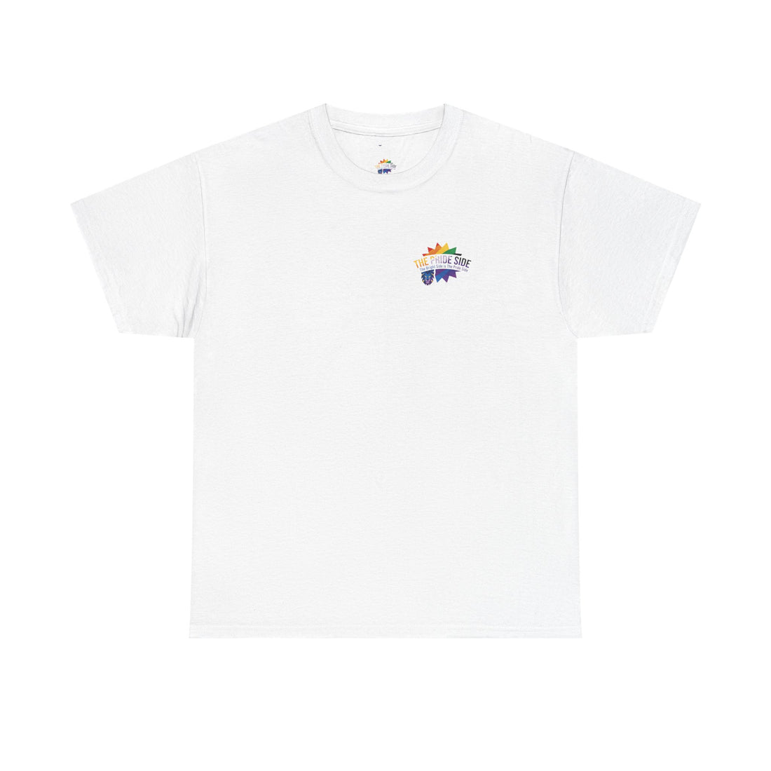 white t-shirt with rainbow logo on a white background