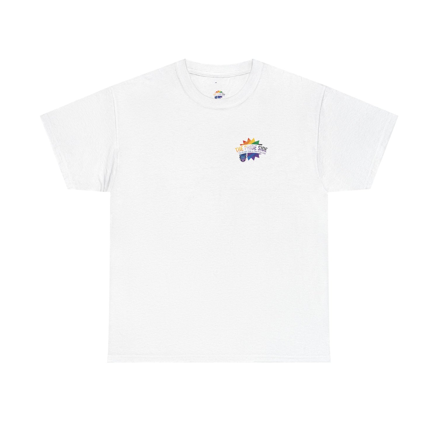 white t-shirt with rainbow logo on a white background