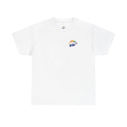 white t-shirt with rainbow logo on a white background