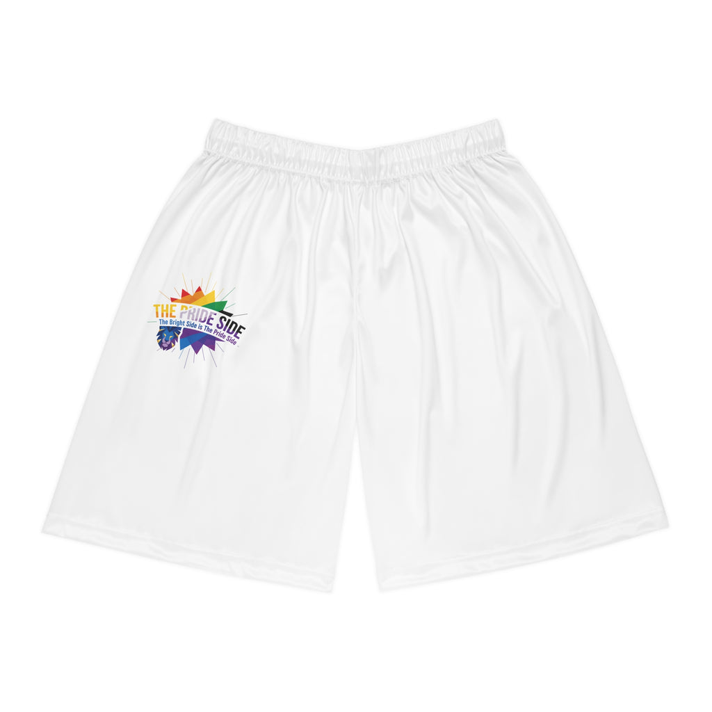 white shorts with a rainbow logo on a white background
