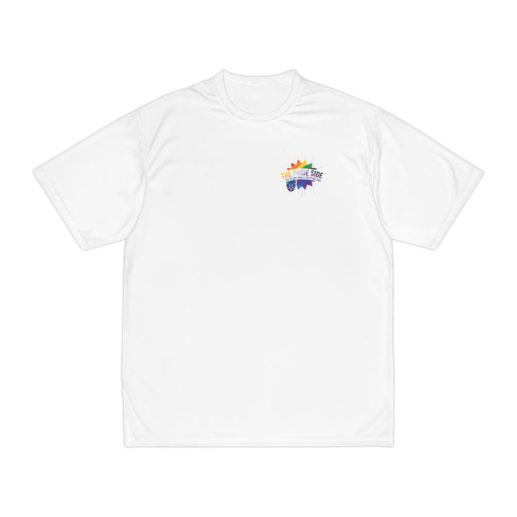 white t-shirt with a rainbow logo on a white background