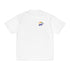 white t-shirt with a rainbow logo on a white background