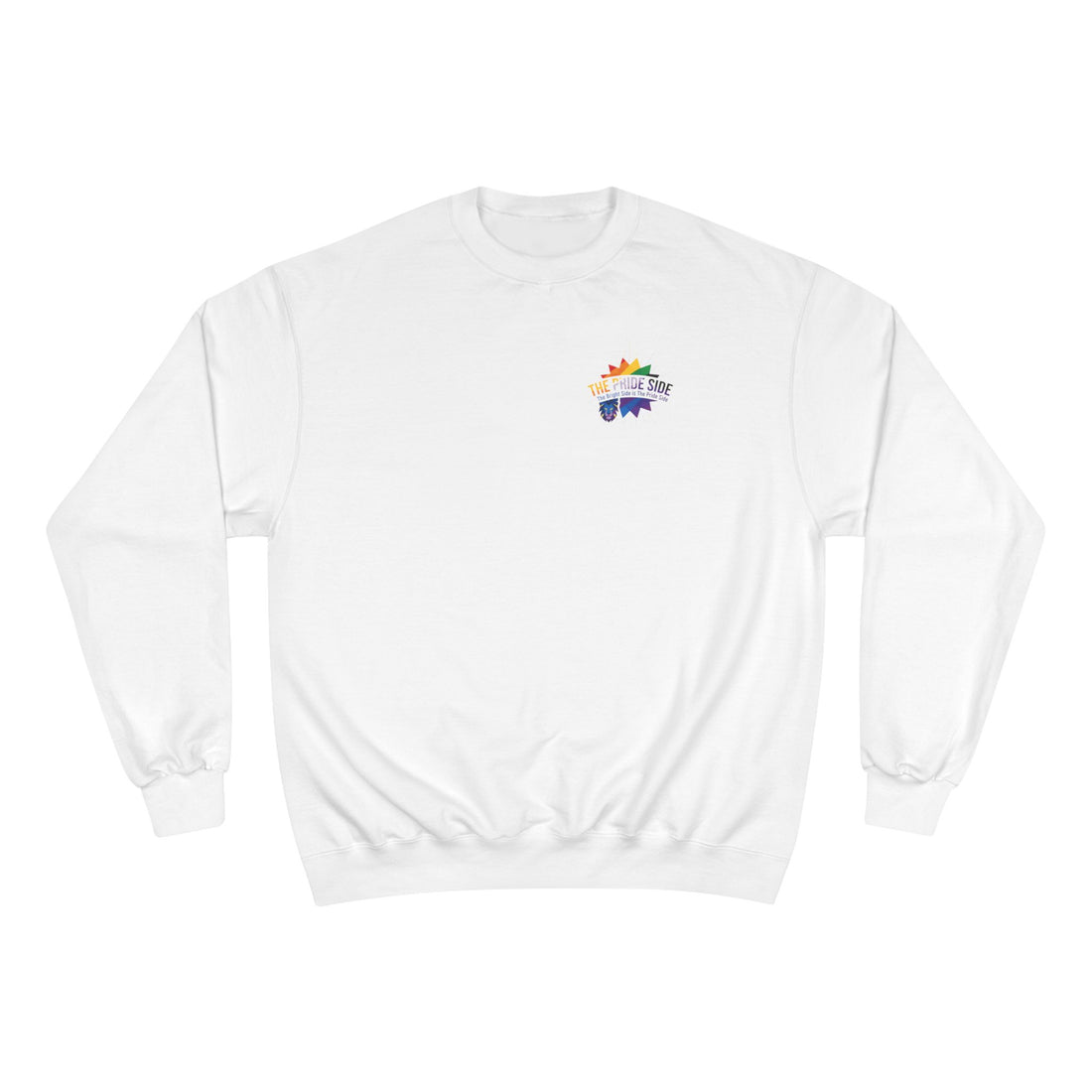 White sweatshirt with a rainbow logo on a white background